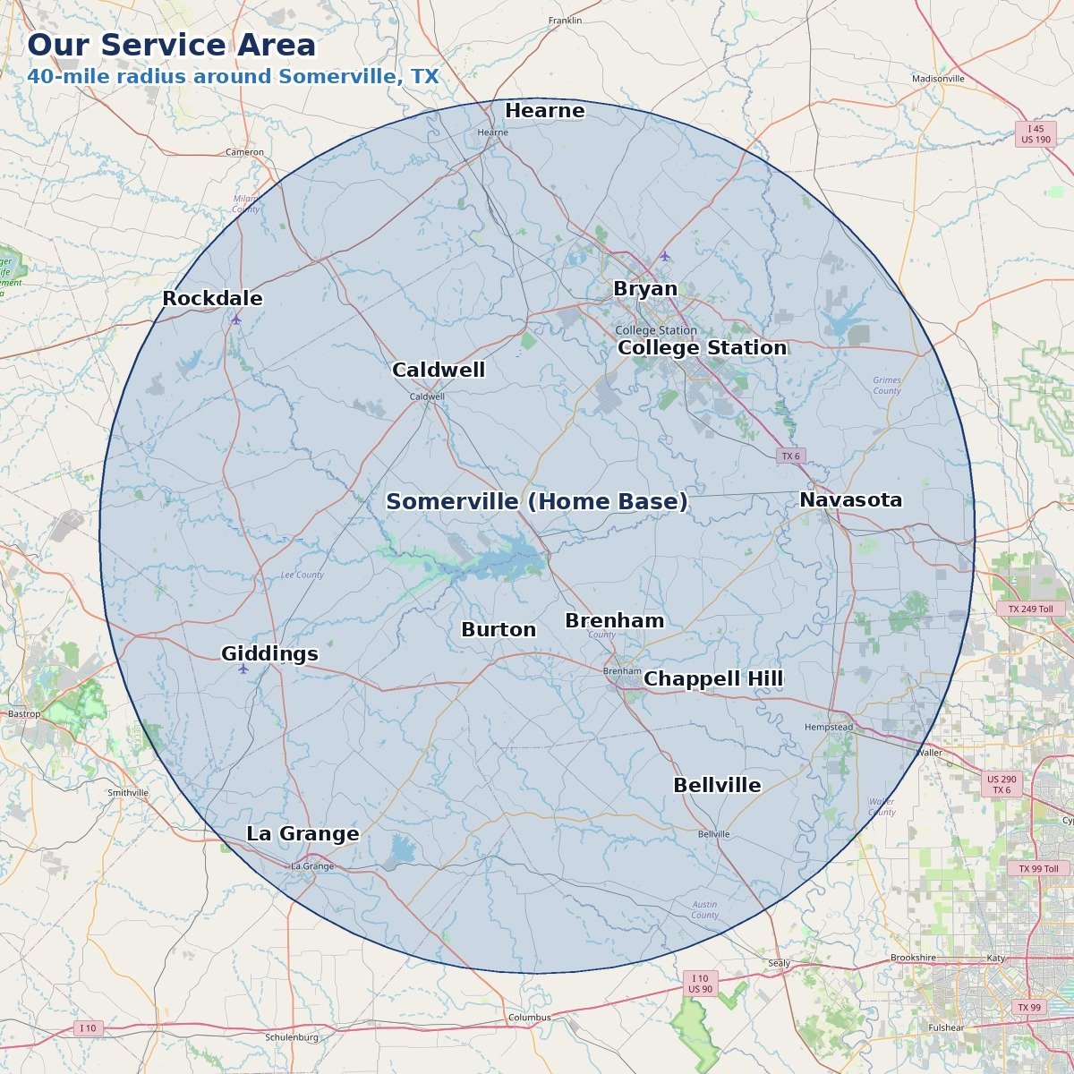 Map of Precision Brick & Stone LLC's 40-mile service area around Somerville, TX